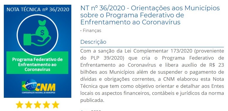 NT 36-2020 da CNM traz Orientações aos Municípios sobre a LC 173 de 2020