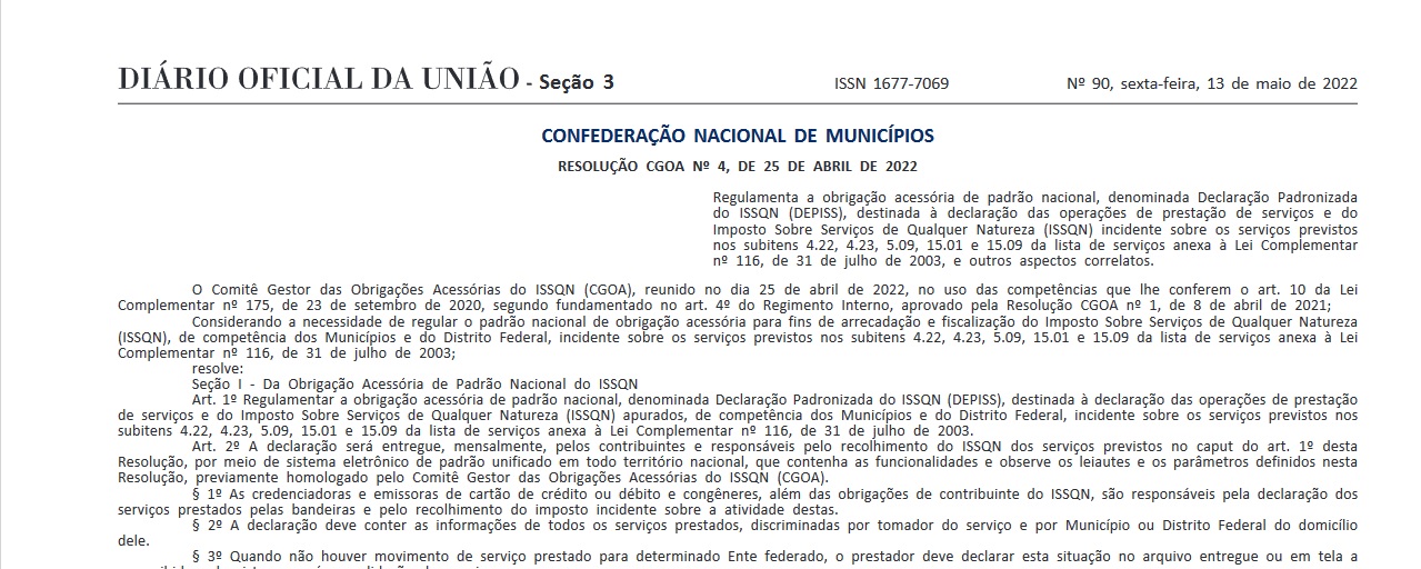 Regulamentação de obrigação de Declaração Padronizada do ISSQN é publicada no Diário Oficial